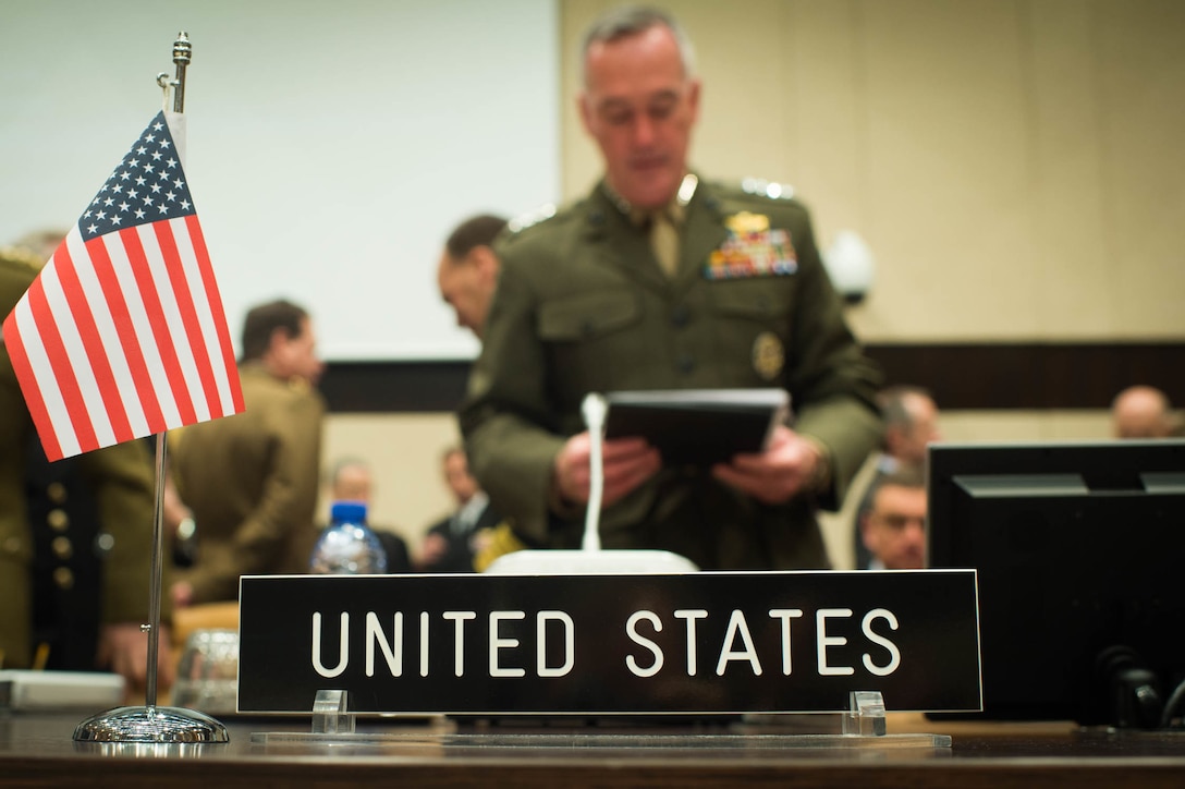 U.S. Marine Corps Gen. Joseph F. Dunford Jr., chairman of the Joint Chiefs of Staff, prepares to meet with counterparts at NATO headquarters in Brussels, Jan. 21, 2016. DoD photo by D. Myles Cullen