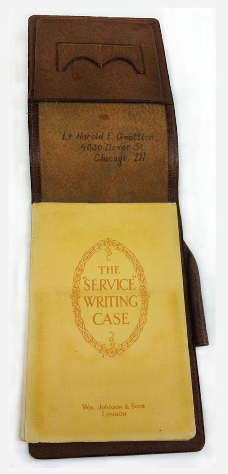 This item was used by Lt. Harold E. Goettler, who was a pilot with the 50th Aero Squadron and posthumously received the Congressional Medal of Honor. The pages are all blank. The only handwriting present is Goettler’s name and address written on the inside of the front cover. (U.S. Air Force photo)