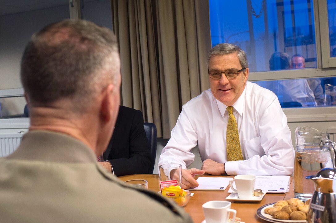 Douglas Lute, the U.S. ambassador to NATO, meets with U.S. Marine Corps Gen. Joseph F. Dunford Jr., chairman of the Joint Chiefs of Staff, at NATO headquarters in Brussels, Jan. 20, 2016. DoD photo by D. Myles Cullen
