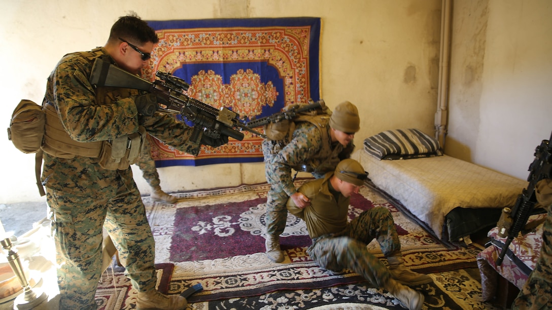 Marines and Sailors practice clearing rooms and detaining non-combatants as a part of the Raid Leaders Course at Marine Corps Base Camp Pendleton, Calif., Jan. 12, 2016. While the course emphasizes combat marksmanship fundamentals, Marines must be able to identify and properly handle non-combatants in urban military operations. The Marines participating in the training course are with Fox Company, 2nd Battalion, 4th Marine Corps Regiment. The Raid Leaders Course is run by Expeditionary Operations Training Group, I Marine Headquarters Group, I Marine Expeditionary Force.