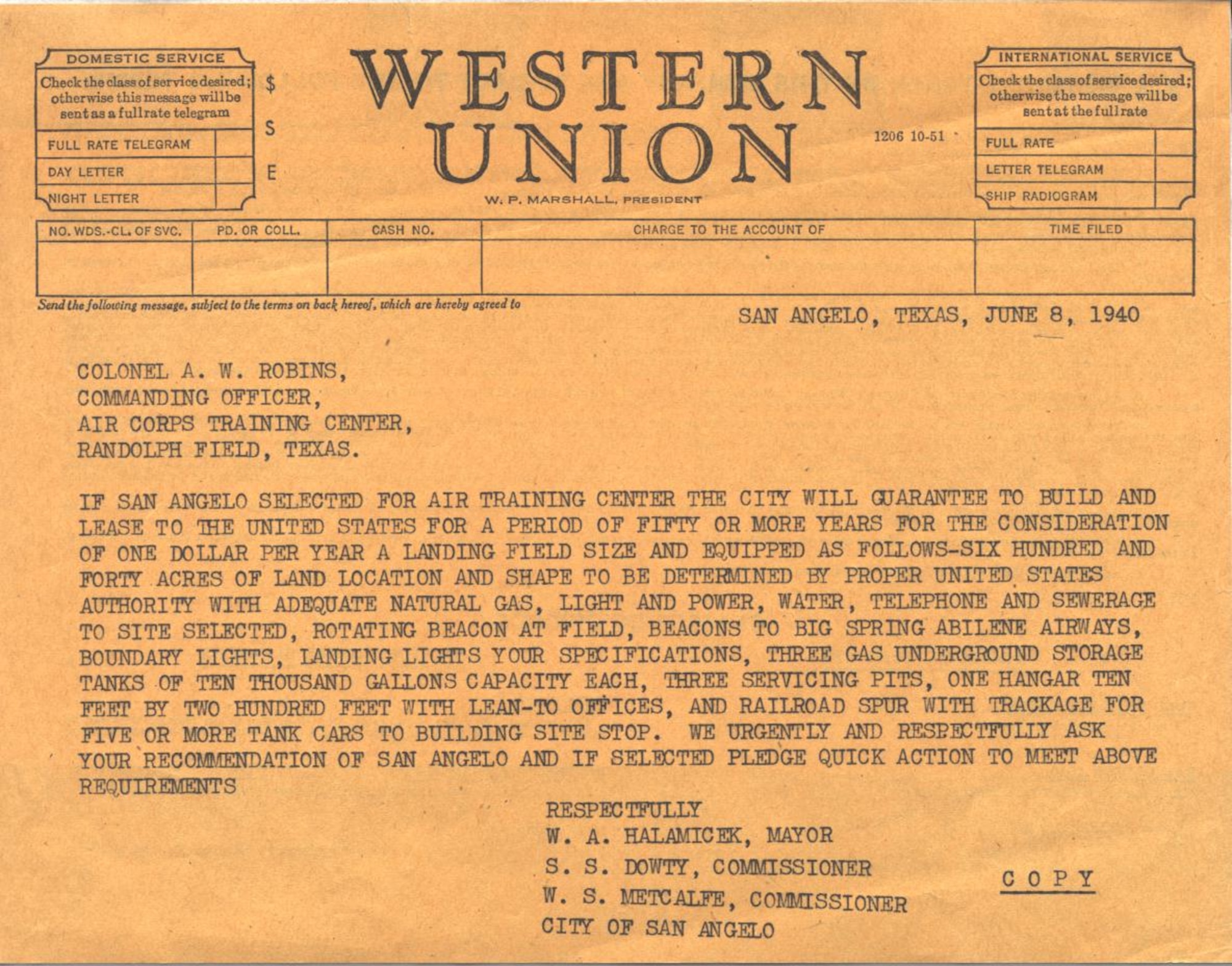 The Great Depression left more than a few cities across the United States eager for the economic stimulation that came with rearmament and proximity to a military installation.  Selma, Alabama, for example, provided nearly 2,000 acres for the pilot school that would become Craig Air Force Base.  Above, San Angelo’s offer was no less generous. (Courtesy photo)
