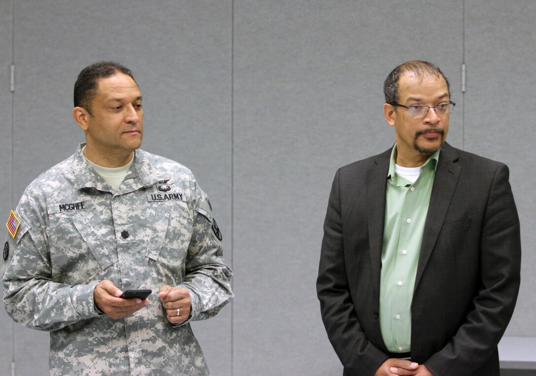 U.S. Army Reserve Lt. Col. Andreas McGhee, Equal Opportunity Program Manager, 84th Training Command (84th TC), Fort Knox, Ky.,  left, and Michael Shadel, Equal Opportunity Specialist, 11th Theater Aviation Command (TAC), Fort Knox, were among the facilitators of the Equal Opportunity  Leaders Course 16-01 hosted by the 84th TC at the TAC Headquarters  Nov. 18, 2015. (U.S. Army photo by Clinton Wood/Released).