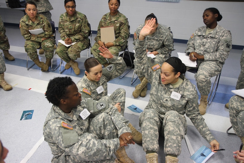 U.S. Army Reserve Sgt. 1st Class Anquineta Gunn, Headquarters, United States Army Recruiting Command, Fort Knox, Kentucky,  left, watches as Sgts. Sarah Fischer, 1st Battalion, 214th Aviation Regiment, 11th Theater Aviation Command (TAC)  and Crystal Thompson, 85th Support Command, votes her off a "sinking lifeboat" during the Life Raft Exercise of the Equal Opportunity Leaders Course 16-01 hosted by the 84th Training Command at the TAC Headquarters on Fort Knox, Ky., Nov. 18, 2015. (U.S. Army photo by Clinton Wood/Released).