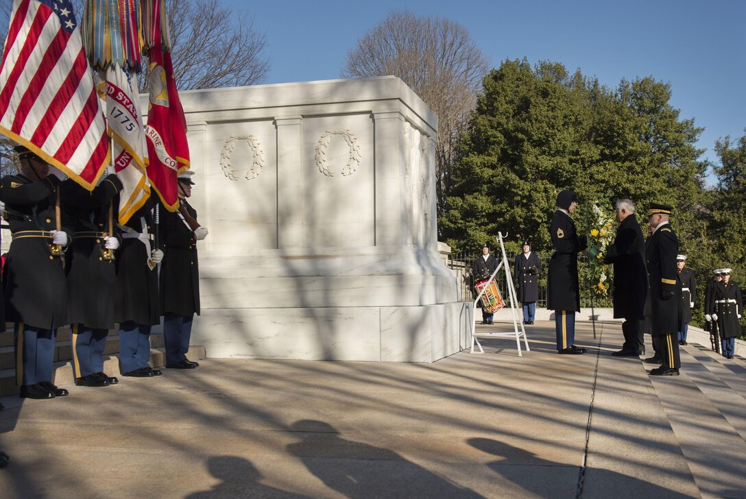 Australia's Prime Minister Malcolm Turnbull participates in a wreath laying ceremony at the Tomb of the Unknown Soldier at Arlington National Cemetery, Arlington, Va., Jan. 18, 2016. (Photo by Master Sgt. Adrian Cadiz/Released)
