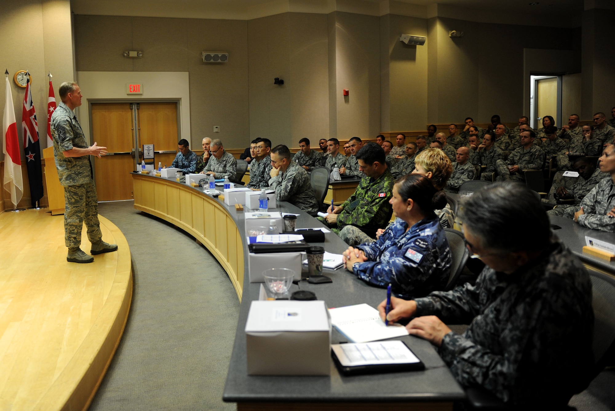 Chief Master Sgt. of the Air Force James A. Cody speaks with attendees of the Pacific Air Forces Chief's Leadership Course at Joint Base Pearl Harbor-Hickam, Hawaii, Jan. 14, 2016. Cody spoke to course attendees about his lessons for success and current and future challenges in the Air Force. (U.S. Air Force photo by Staff Sgt. Alexander Martinez/Released)