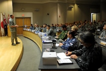 Chief Master Sgt. of the Air Force James A. Cody speaks with attendees of the Pacific Air Forces Chief's Leadership Course at Joint Base Pearl Harbor-Hickam, Hawaii, Jan. 14, 2016. Cody spoke to course attendees about his lessons for success and current and future challenges in the Air Force. (U.S. Air Force photo by Staff Sgt. Alexander Martinez/Released)