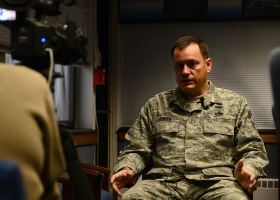Chief Master Sgt. Clint Ronan is interviewed by Erie Community College at Niagara Falls Air Reserve Station, N.Y. Jan. 9, 2016. Ronan was providing this interview as a recipient of ECC's 2016 Distinguished Alumni Award. (U.S. Air Force photo by Staff Sgt. Richard Mekkri)