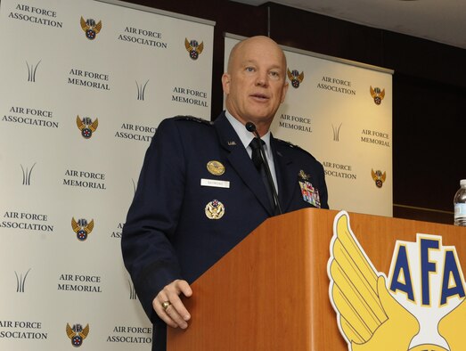 Lt. Gen. John Raymond, the Air Force deputy chief of staff for operations, addresses attendees during an Air Force Association breakfast at the Key Bridge Marriott in Arlington, Va., Jan. 20, 2016. Raymond was the first guest speaker for the 2016 AFA breakfast series. (U.S. Air Force photo/Staff Sgt. Whitney Stanfield)