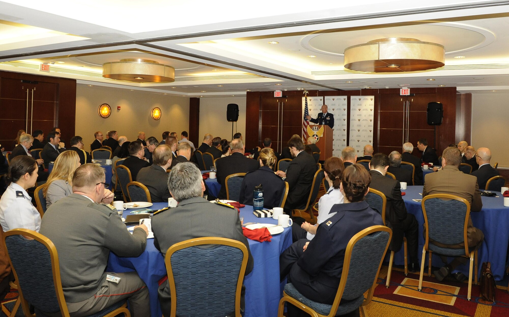 Lt. Gen. John Raymond, the Air Force deputy chief of staff for operations, addresses attendees during an Air Force Association breakfast at the Key Bridge Marriott in Arlington, Va., Jan. 20, 2016. Raymond highlighted Air Force efforts during Operation Desert Storm. (U.S. Air Force photo/Staff Sgt. Whitney Stanfield)