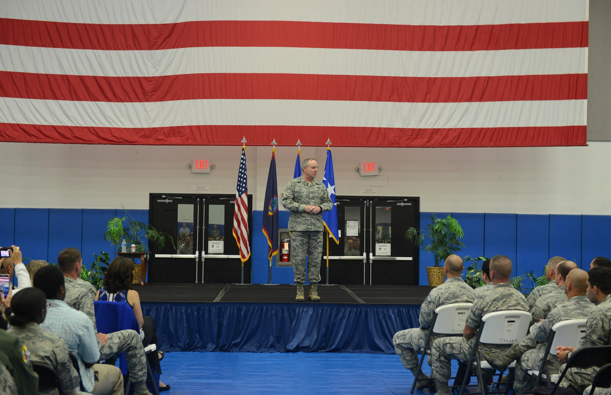 Air Force Chief of Staff Gen. Mark A. Welsh III speaks at an all call during his visit Jan. 21, 2016, at Andersen Air Force Base, Guam. Welsh, accompanied by his wife, Betty, spoke with multiple organizations on matters pertaining to the Air Force and to thank those who serve. (U.S. Air Force photo/Airman 1st Class Arielle Vasquez)