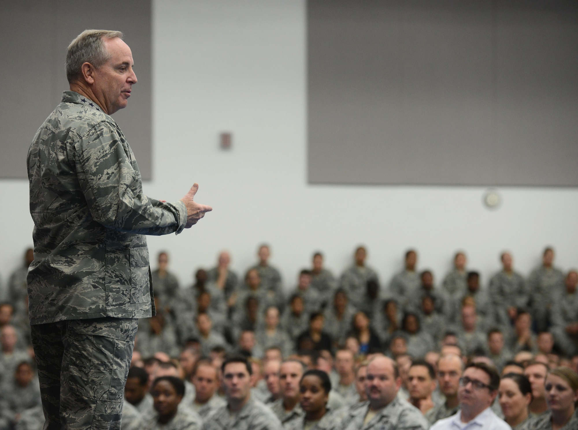 Air Force Chief of Staff Gen. Mark A. Welsh III speaks at an all call during his visit Jan. 21, 2016, at Andersen Air Force Base, Guam. Welsh spoke about matters pertaining to the Air Force and shared personal stories about himself and his service. (U.S. Air Force photo/Airman 1st Class Arielle Vasquez)