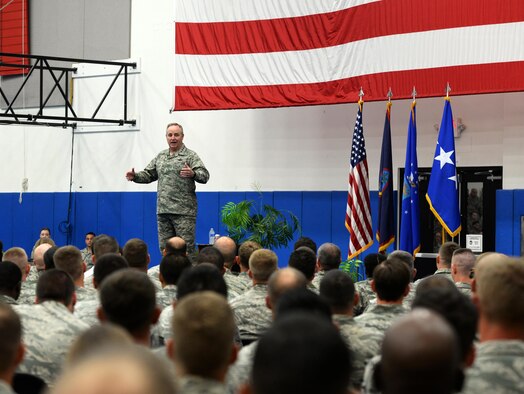 Air Force Chief of Staff Gen. Mark A. Welsh III speaks at an all call during his visit Jan. 21, 2016, at Andersen Air Force Base, Guam. During the all call, Welsh discussed the strategic advantage Guam has in the Indo-Asia Pacific region and thanked Airmen for their dedication and support. (U.S. Air Force photo/Senior Airman Cierra Presentado)