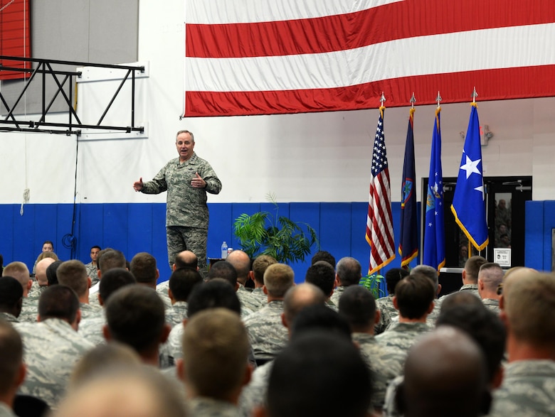 Air Force Chief of Staff Gen. Mark A. Welsh III speaks at an all call during his visit Jan. 21, 2016, at Andersen Air Force Base, Guam. During the all call, Welsh discussed the strategic advantage Guam has in Indo-Asia Pacific theater and thanked Airmen for their dedication and support. (U.S. Air Force photo/Senior Airman Cierra Presentado)