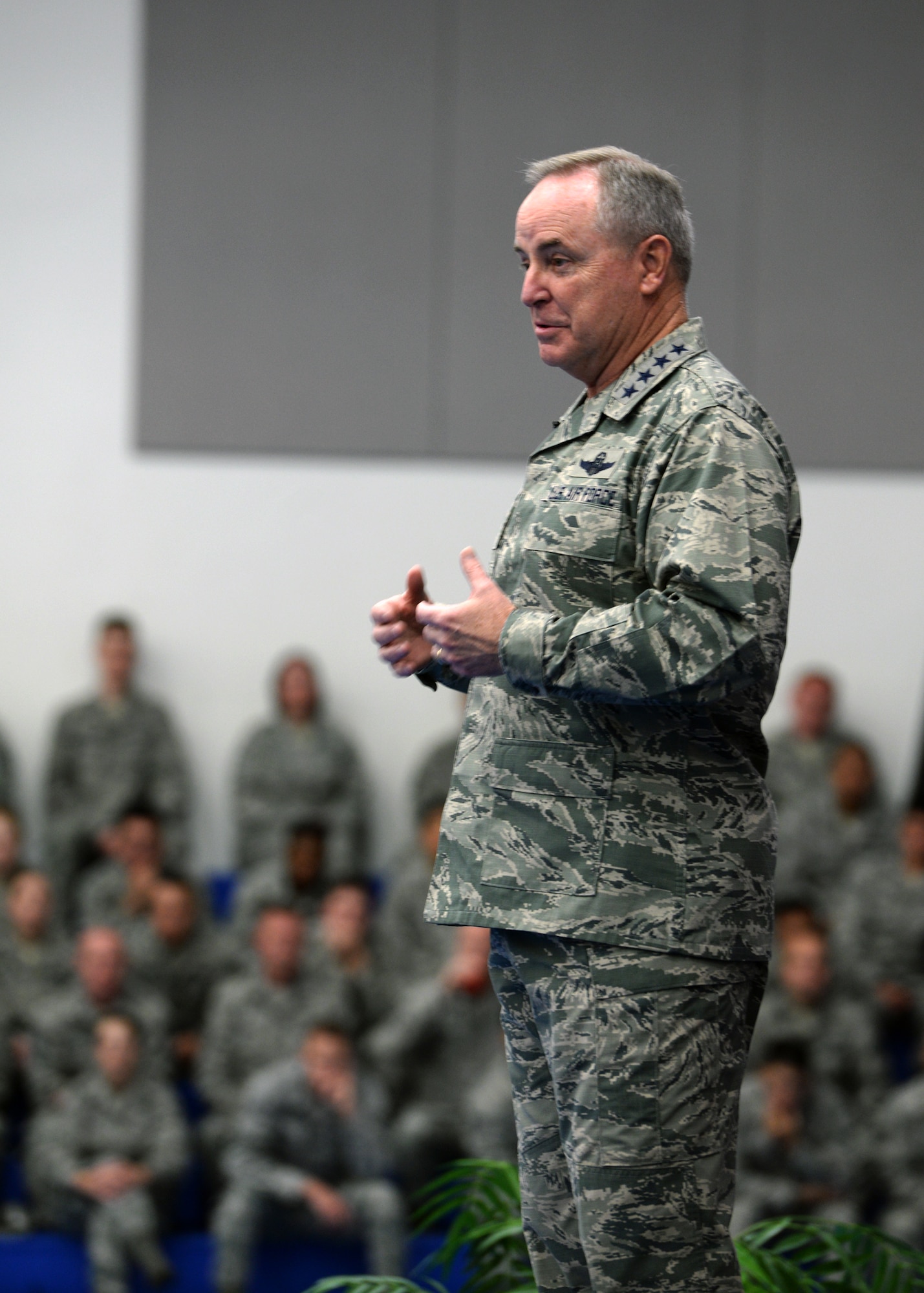 Air Force Chief of Staff Gen. Mark A. Welsh III speaks at an all call during his visit Jan. 21, 2016, at Andersen Air Force Base, Guam. During the all call, Welsh discussed the strategic advantage Guam has in the Indo-Asia Pacific theater and thanked Airmen for their dedication and support. (U.S. Air Force photo/Senior Airman Cierra Presentado)