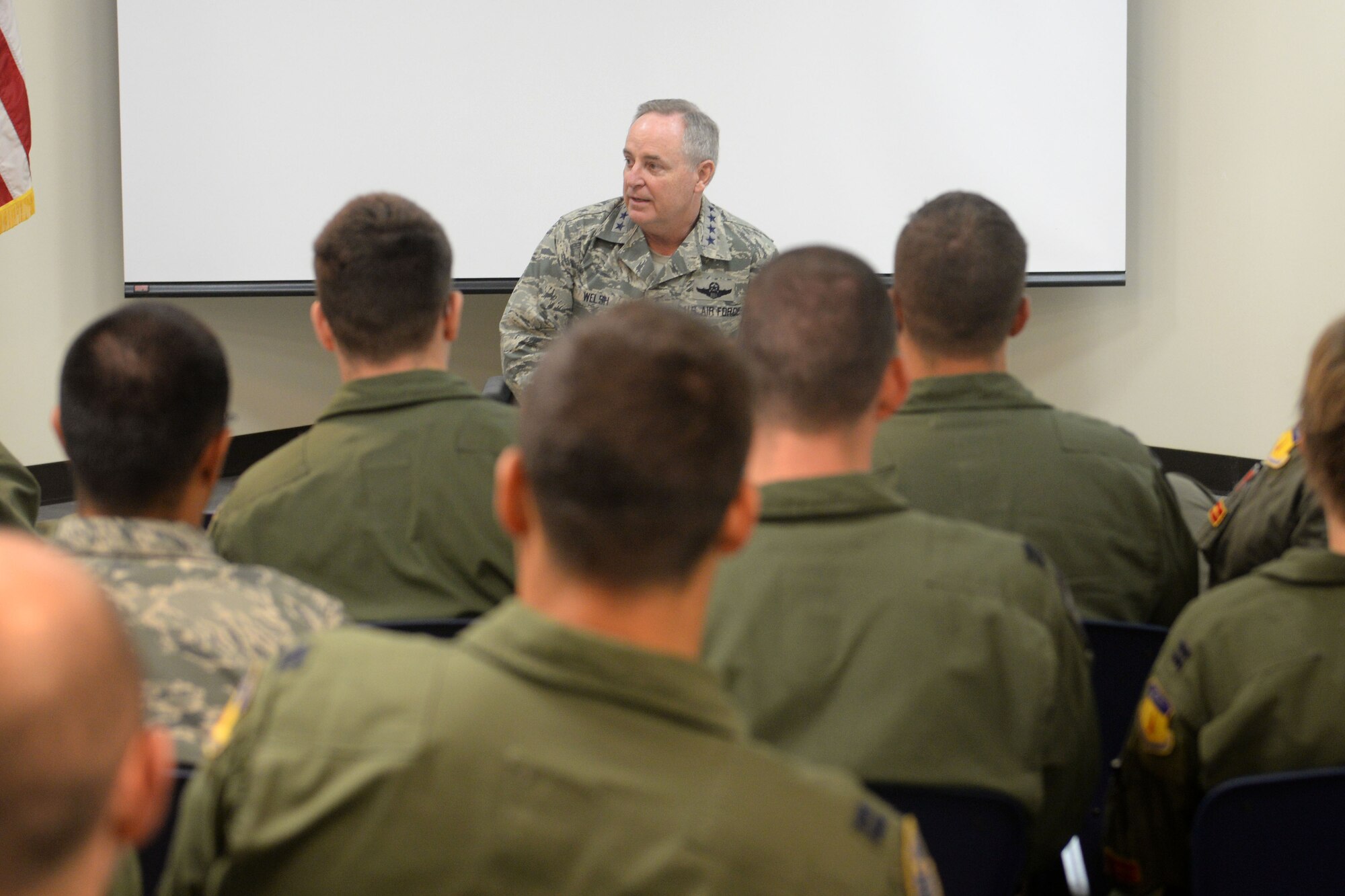 Air Force Chief of Staff Gen. Mark A. Welsh III speaks to officers during his visit Jan. 21, 2016, at Andersen Air Force Base, Guam. During his visit to Andersen, Welsh met with Airmen to thank them for their service and dedication, and to discuss challenges and opportunities in the Pacific theater. (U.S. Air Force photo/Senior Airman Joshua Smoot)
