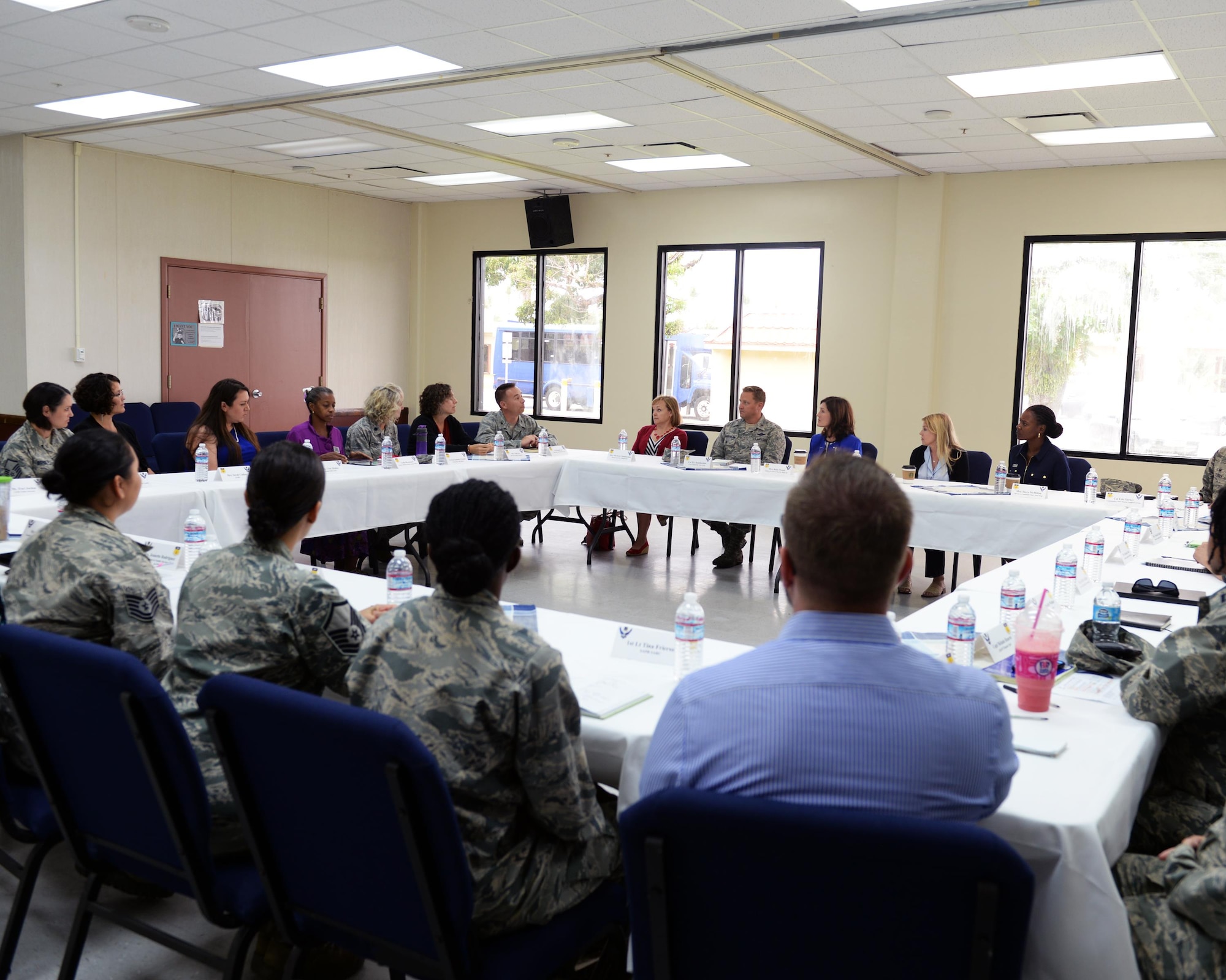Betty Welsh, spouse of Air Force Chief of Staff Gen. Mark A. Welsh III, speaks with organization leaders during a round table discussion Jan. 21, 2016, at Andersen Air Force Base, Guam. During the discussion, the leaders explained their programs and how its benefits Andersen Airmen and their families. (U.S. Air Force photo/Senior Airman Ciera Presentado)