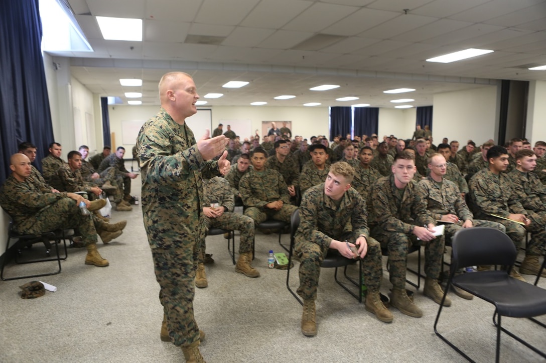 Master Gunnery Sgt. Bruce Knapp, the operations chief with 1st Marine Division, speaks to Marines with 5th Marine Regiment about the Squad Leader Development Program, aboard Marine Corps Base Camp Pendleton, California, Jan. 20, 2016. The SLDP is one of the various tools the Marine Corps uses to build stronger small unit leadership, while presenting Marines the opportunity to further their career. (U.S. Marine Corps photo by Cpl. Demetrius Morgan/Released)
