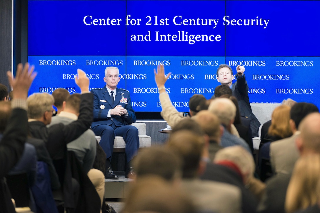 Air Force Gen. Paul J. Selva, vice chairman of the Joint Chiefs of Staff, prepares to answer a question at the Brookings Institution in Washington, D.C., Jan. 21, 2016. The Center for 21st Century Security and Intelligence hosted the event, which focused on efforts to keep the armed forces at the forefront of innovation. DoD photo by Army Staff Sgt. Sean K. Harp