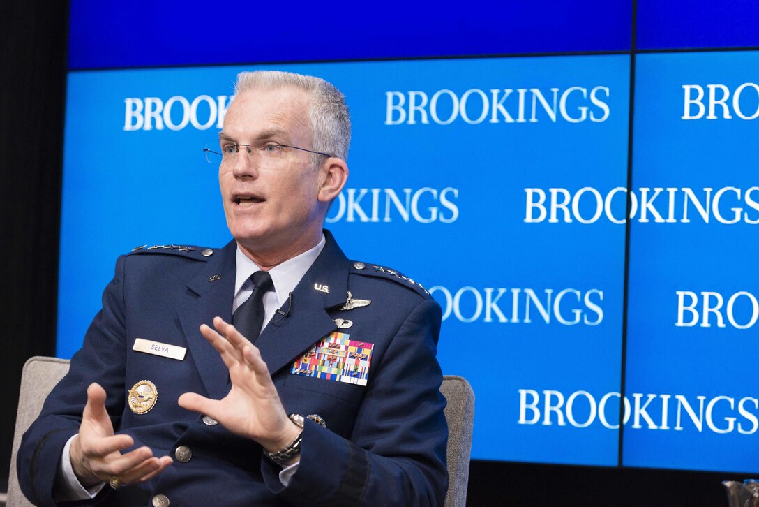 Air Force Gen. Paul J. Selva, vice chairman of the Joint Chiefs of Staff, answers a question at the Brookings Institution in Washington, D.C., Jan. 21, 2016. The Center for 21st Century Security and Intelligence hosted the event. DoD photo by Army Staff Sgt. Sean K. Harp