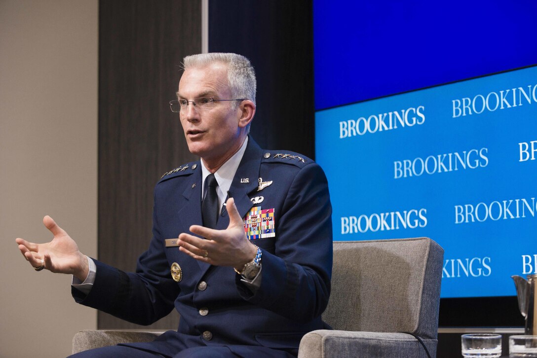Air Force Gen. Paul J. Selva, vice chairman of the Joint Chiefs of Staff, discusses a point during an event at the Brookings Institution in Washington, D.C., Jan. 21, 2016. The Center for 21st Century Security and Intelligence hosted the event, which focused on efforts to keep the armed forces at the forefront of innovation. DoD photo by Army Staff Sgt. Sean K. Harp