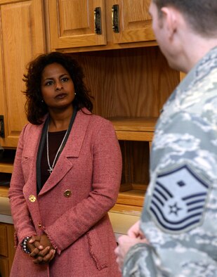 Amy Clark, spouse of Maj. Gen. Richard Clark, Eighth Air Force commander, left, receives a tour of the Diamond Mart by Master Sgt. Christopher Davidson, 432nd Attack Squadron first sergeant, at Ellsworth Air Force Base, S.D., Jan. 19, 2016. The Diamond Mart was established by the First Sergeant Council as a way to help provide Airmen uniforms and clothing to replace their damaged or unserviceable ones, free of charge.