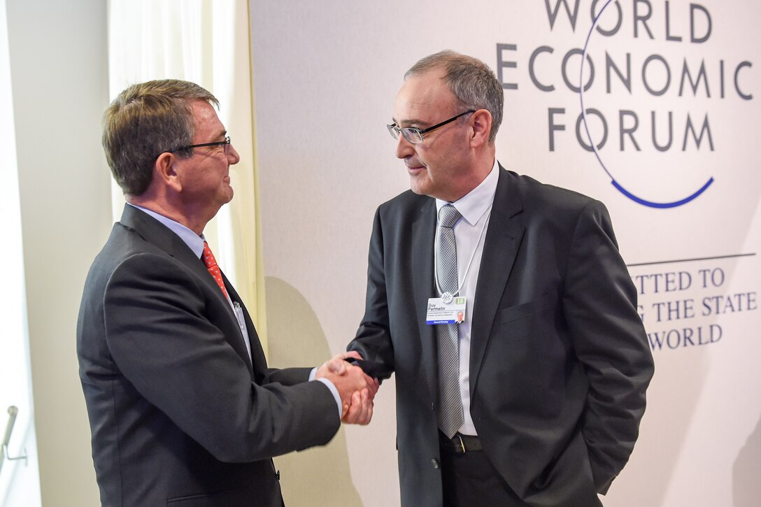 U.S. Defense Secretary Ash Carter meets with Swiss Defense Minister Guy Parmelin at the World Economic Forum in Davos, Switzerland, Jan. 21, 2016. DoD photo by U.S. Army Sgt. 1st Class Clydell Kinchen