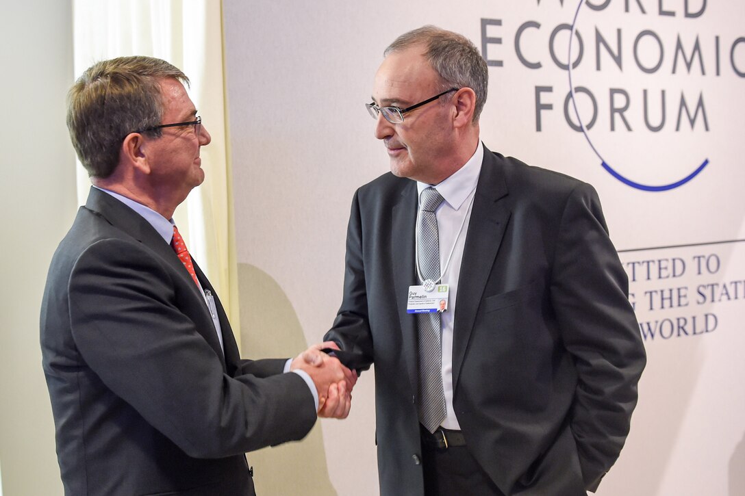 U.S. Defense Secretary Ash Carter meets with Swiss Defense Minister Guy Parmelin at the World Economic Forum in Davos, Switzerland, Jan. 21, 2016. DoD photo by Army Sgt. 1st Class Clydell Kinchen