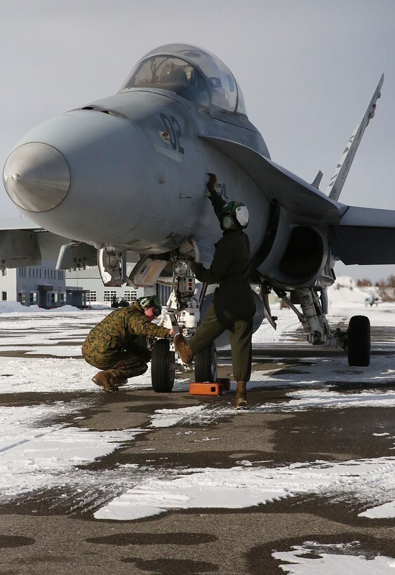 Maintainers with Marine All-Weather Fighter Attack Squadron (VMFA) 224 work on an F/A-18D Hornet at Chitose Air Base in Hokkaido, Japan, Jan. 14, 2016. VMFA (AW)-224, homebased at MCAS Beaufort, S.C., is temporarily based in Iwakuni on a unit deployment program and deployed to Northern Japan to participate in the Chitose Aviation Training Relocation Exercise Jan. 12-22. During the exercise, the squadron conducted dissimilar air combat training with and against the Japan Air Self-Defense Force to further support combined interoperability and Pacific theater security cooperation.
