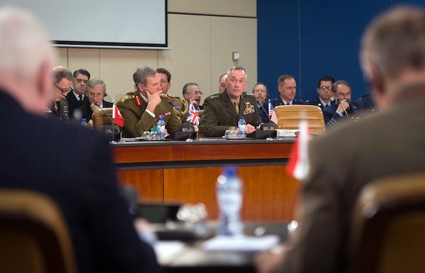 U.S. Marine Corps Gen. Joseph F. Dunford Jr., chairman of the Joint Chiefs of Staff, attends a meeting at NATO headquarters in Brussels, Jan. 21, 2016. DoD photo by D. Myles Cullen