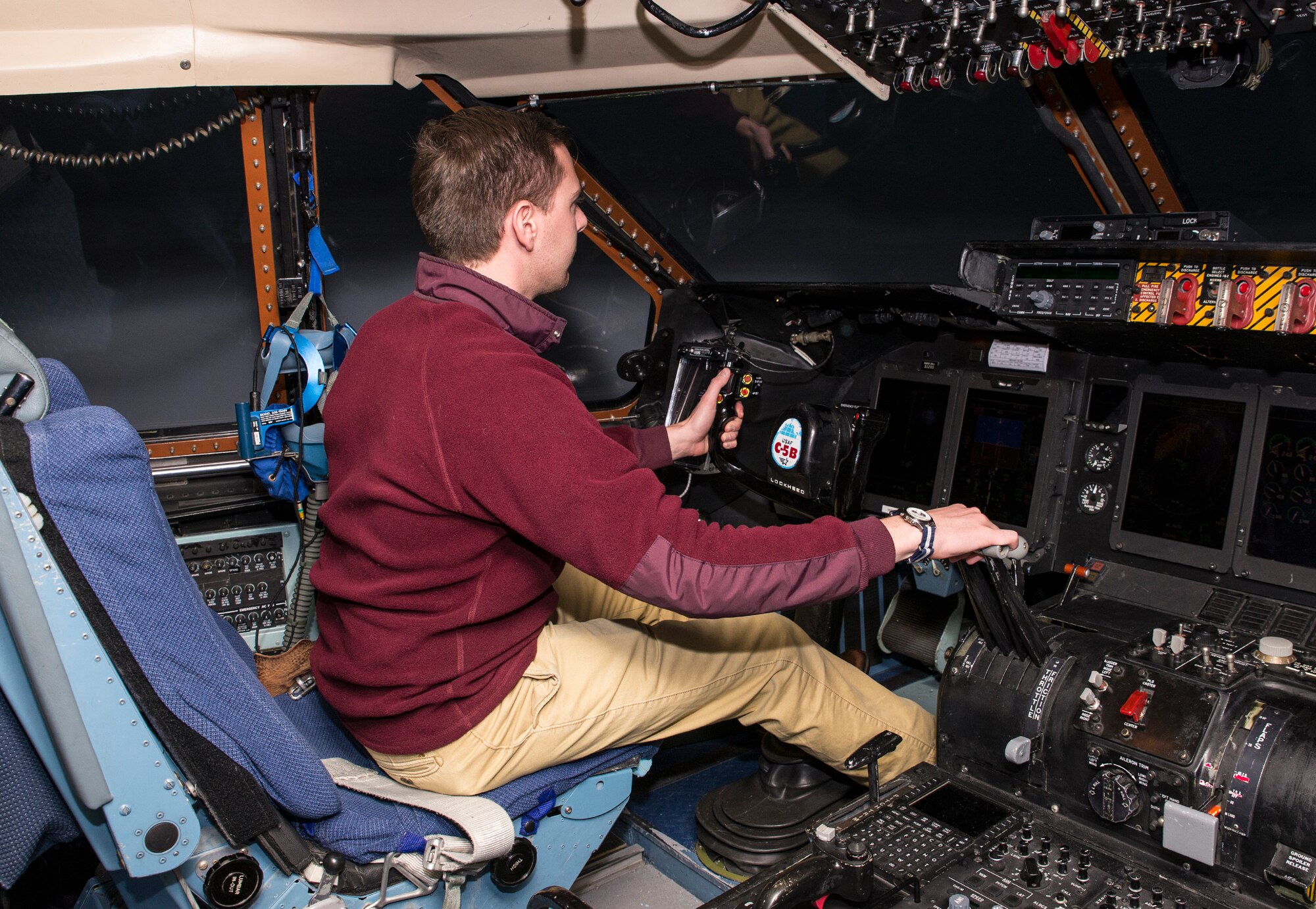 Matthew Haskins, legislative director for Texas Congressman Will Hurd, takes his turn flying in a C-5A Galaxy flight simulator Jan.19, 2016 at Joint Base San Antonio-Lackland, Texas. A Congressional Air Force Reserve lead staff delegation from Washington D.C. visited Joint Base San Antonio, Texas, with the first stop of their three-day visit, touring the 433rd Airlift Wing. (U.S. Air Force photo by Benjamin Faske) (Released)


