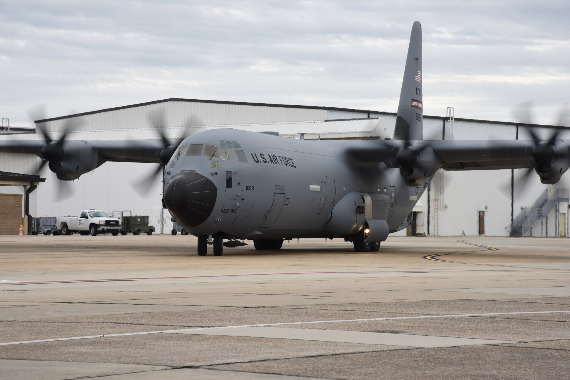 An aircrew from the Air Force Reserve’s 53rd Weather Reconnaissance Squadron taxis out for a flight during Exercise Agile Sabre at Keesler Air Force Base, Mississippi, Jan. 14, 2016. The crew was flying an aircraft from the 815th Airlift Squadron. (U.S. Air Force photo/Staff Sgt. Nicholas Monteleone)