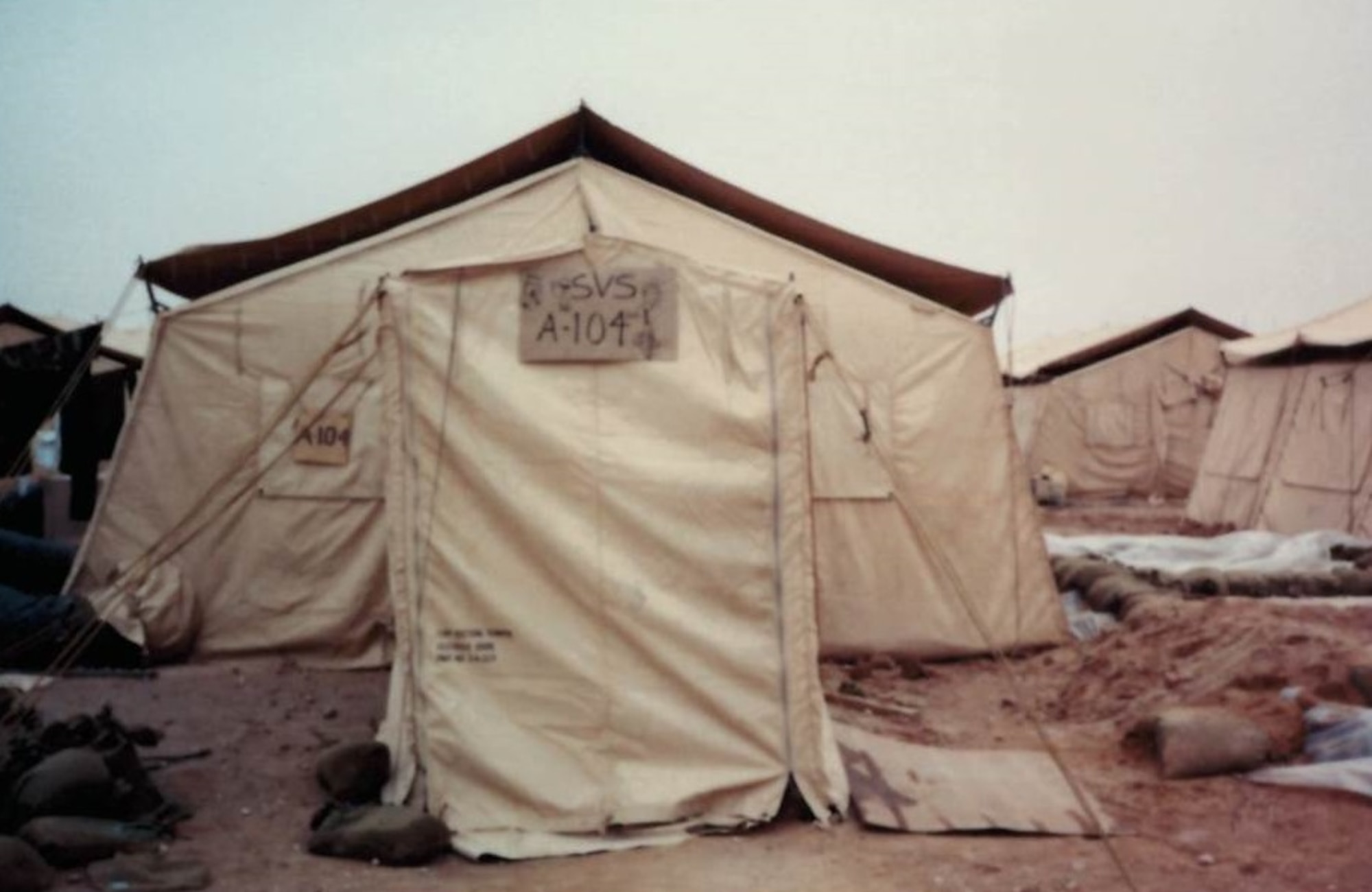 Master Sgt. Bryan Nicolos, a Reservist with the 477th Fighter Group, was deployed to Saudi Arabia in support of Desert Storm in 1991. During the deployment Nicolos and his fellow Services Airmen supported over 2,700 personnel who came through King Khalid Military City. 

“The best day was the day the war started and ended,” said Nicolos. “The worst day was the day we said goodbye to our comrades, our war buddies.   I still remember the guys from tent A-104 and will until my dying day.”  (Courtesy Photo) 