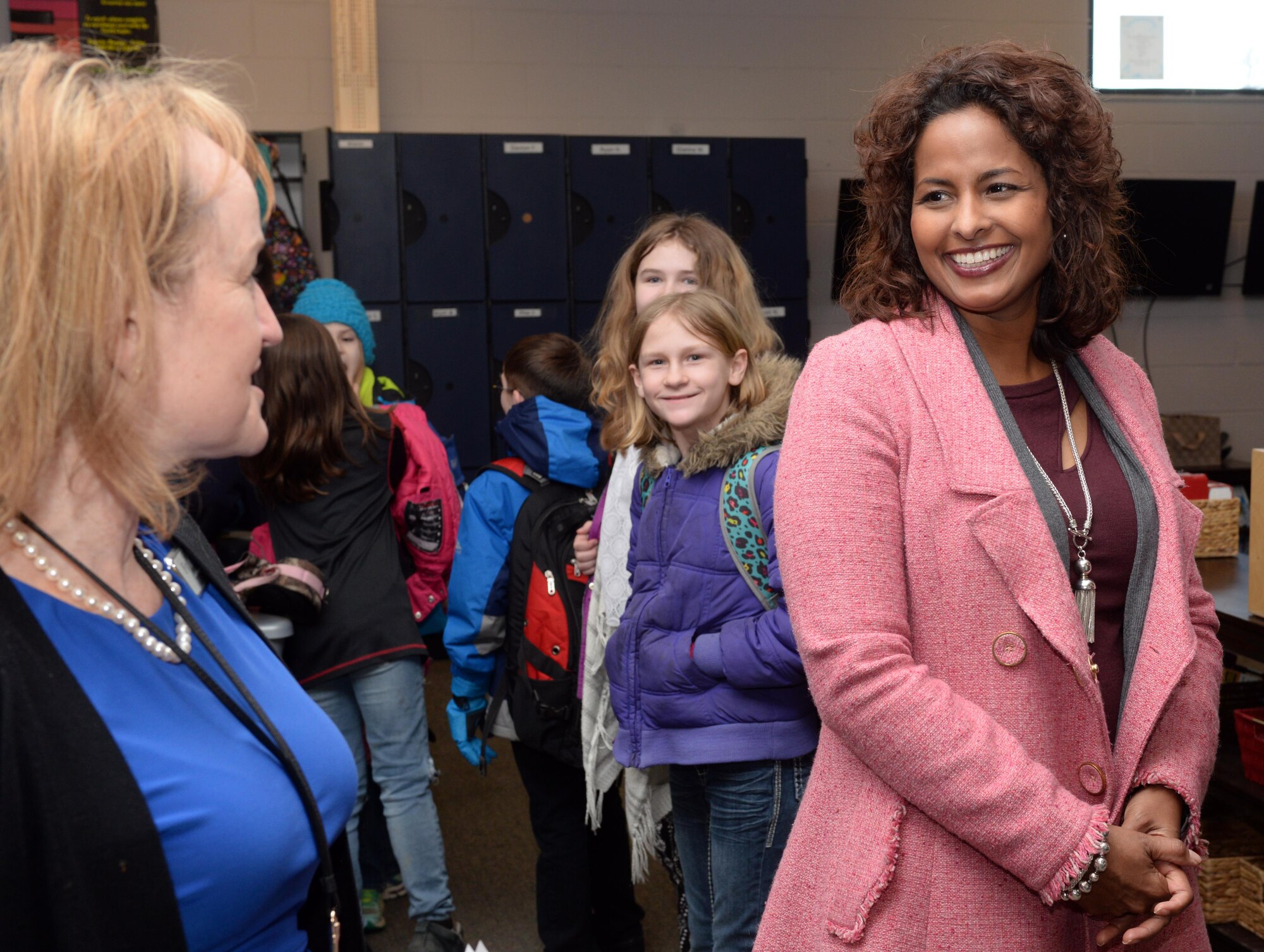 Amy Clark, spouse of Maj. Gen. Richard Clark, Eighth Air Force commander, meets with Fran Apland, 28th Force Support Squadron Youth Program director, in the Youth Center at Ellsworth Air Force Base, S.D., Jan. 19, 2016. Clark received a tour of the teen center as well as various areas of the Youth Center’s programs, such as the Science, Technology, Engineering, Arts and Mathematics initiative. (U.S. Air Force photo by Airman Donald C. Knechtel/Released)