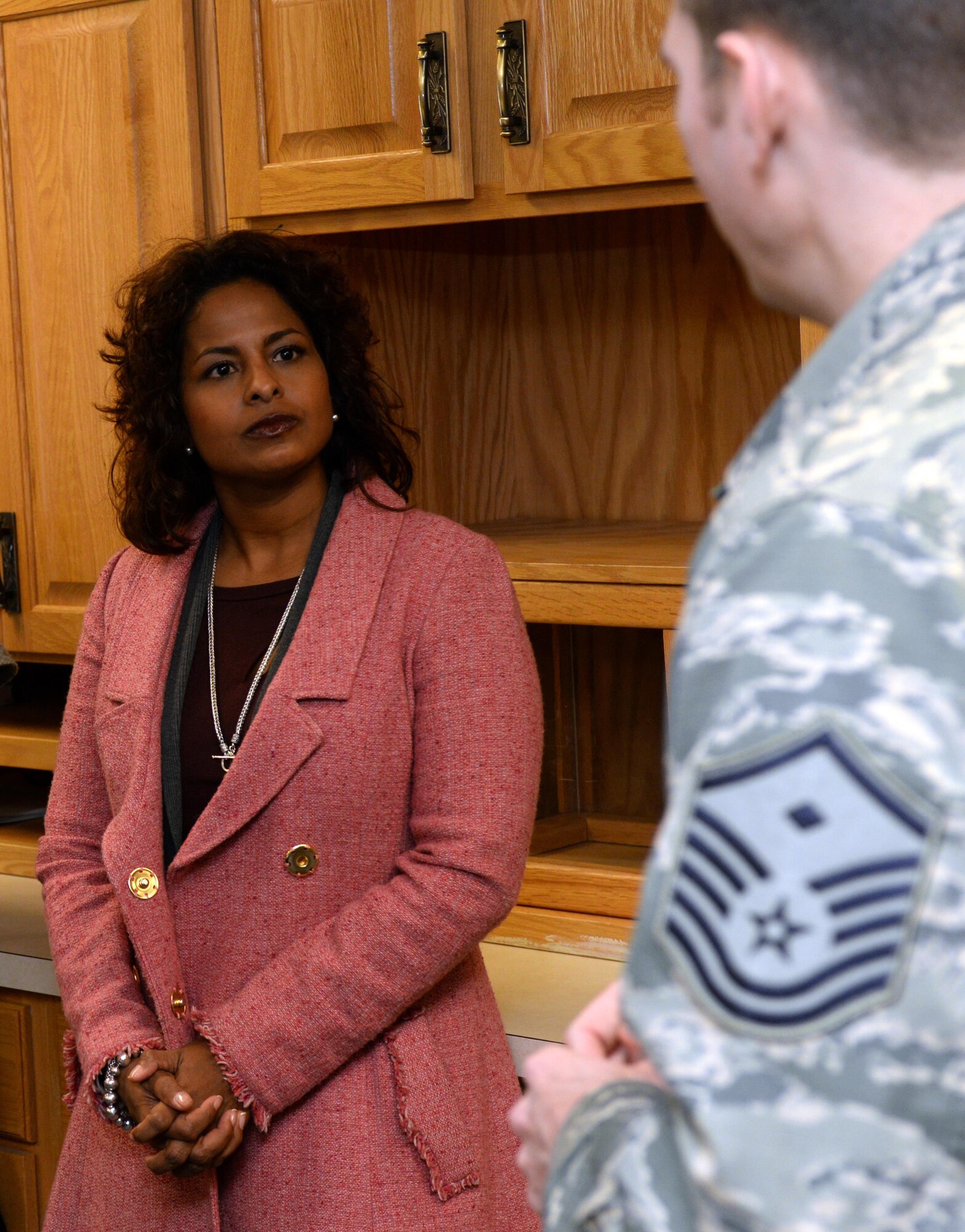 Amy Clark, spouse of Maj. Gen. Richard Clark, Eighth Air Force commander, left, receives a tour of the Diamond Mart by Master Sgt. Christopher Davidson, 432nd Attack Squadron first sergeant, at Ellsworth Air Force Base, S.D., Jan. 19, 2016. The Diamond Mart was established by the First Sergeant Council as a way to help provide Airmen uniforms and clothing to replace their damaged or unserviceable ones, free of charge. (U.S. Air Force photo by Airman Donald C. Knechtel/Released)