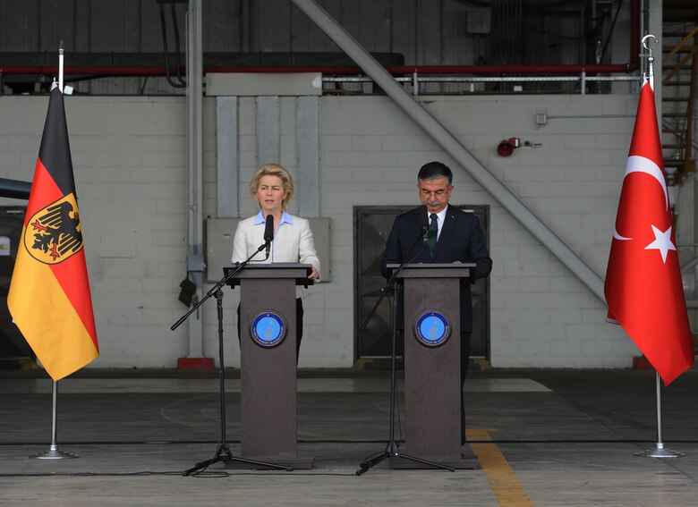 German Federal Minister of Defense Ursula von der Leyen, left, and Turkish Minister of National Defense Ismet Yilmaz speak to media and deployed forces about the positive relationship between Germany and Turkey, as well as ongoing coalition forces operations against the Islamic State of Iraq and the Levant, Jan. 21, 2016, on Incirlik Air Base, Turkey. Von der Leyen came to Incirlik AB to visit with German forces deployed here. (U.S. Air Force photo by Airman Daniel Lile/Released)