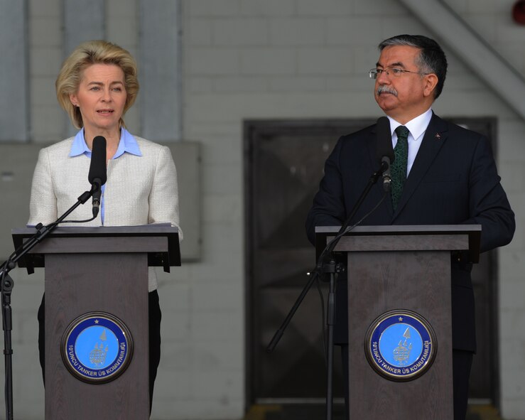German Federal Minister of Defense Ursula von der Leyen, left, and Turkish Minister of National Defense Ismet Yilmaz speak to media and deployed forces Jan. 21, 2016, on Incirlik Air Base, Turkey. Von der Leyen thanked Turkey for their hospitality and for welcoming German troops to Incirlik AB as part of the coalition forces fighting against the Islamic State of Iraq and the Levant. (U.S. Air Force photo by Airman 1st Class Daniel Lile/Released) 