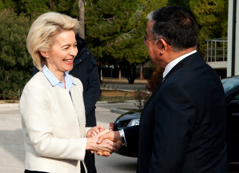 German Federal Minister of Defense Ursula von der Leyen is greeted by the Turkish Minister of National Defense Ismet Yilmaz Jan. 21, 2015 during her visit to Incirlik Air Base, Turkey. Von der Leyen came to Incirlik AB to visit with German forces deployed here. (U.S. Air Force photo by Staff Sgt. Jack Sanders/Released)