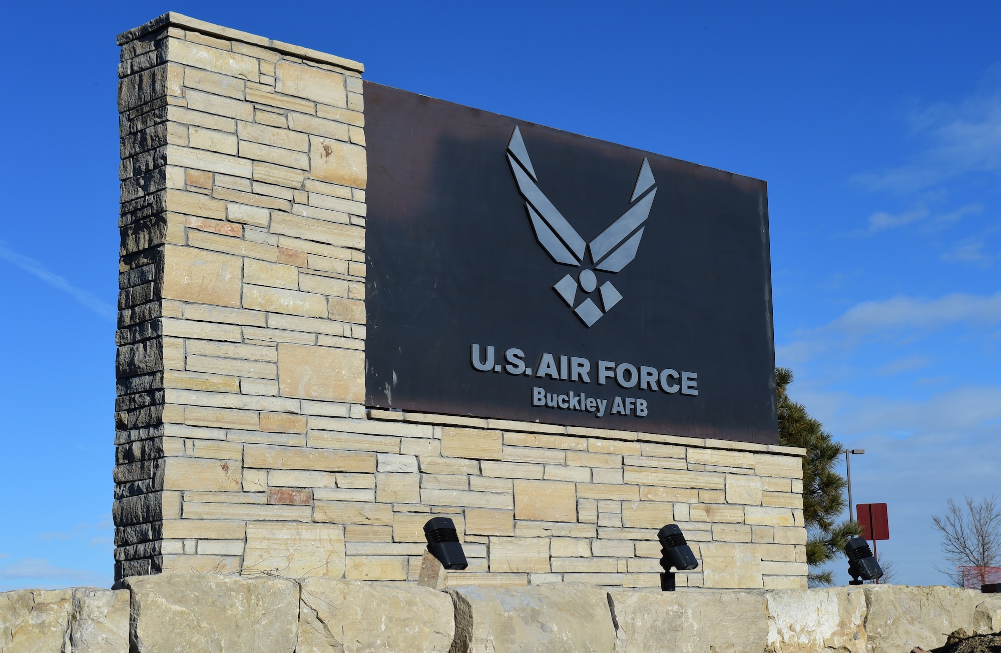 New signs stand at the Mississippi Gate Jan. 21, 2016, on Buckley Air Force Base, Colo. The new signs are one of many ongoing construction initiatives designed to improve the installation. (U.S. Air Force photo by Airman 1st Class Gabrielle Spradling)