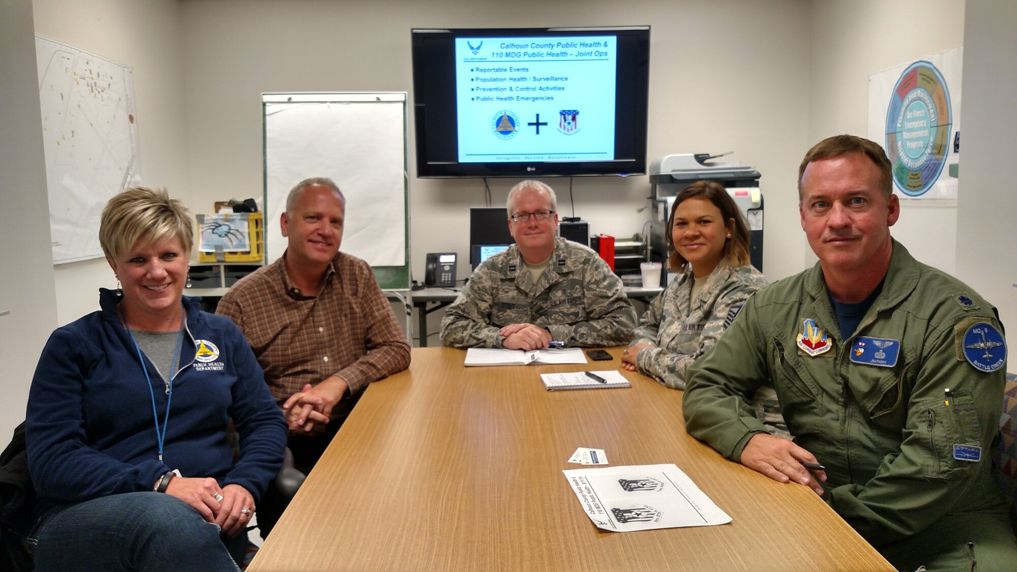 Members from the Calhoun County Public Health Department meet with 110th Medical Group Friday, Sept. 11, 2015, Battle Creek Air National Guard Base, Mich., to discuss base operations and the surrounding community. (Air National Guard photo courtesy asset/released)