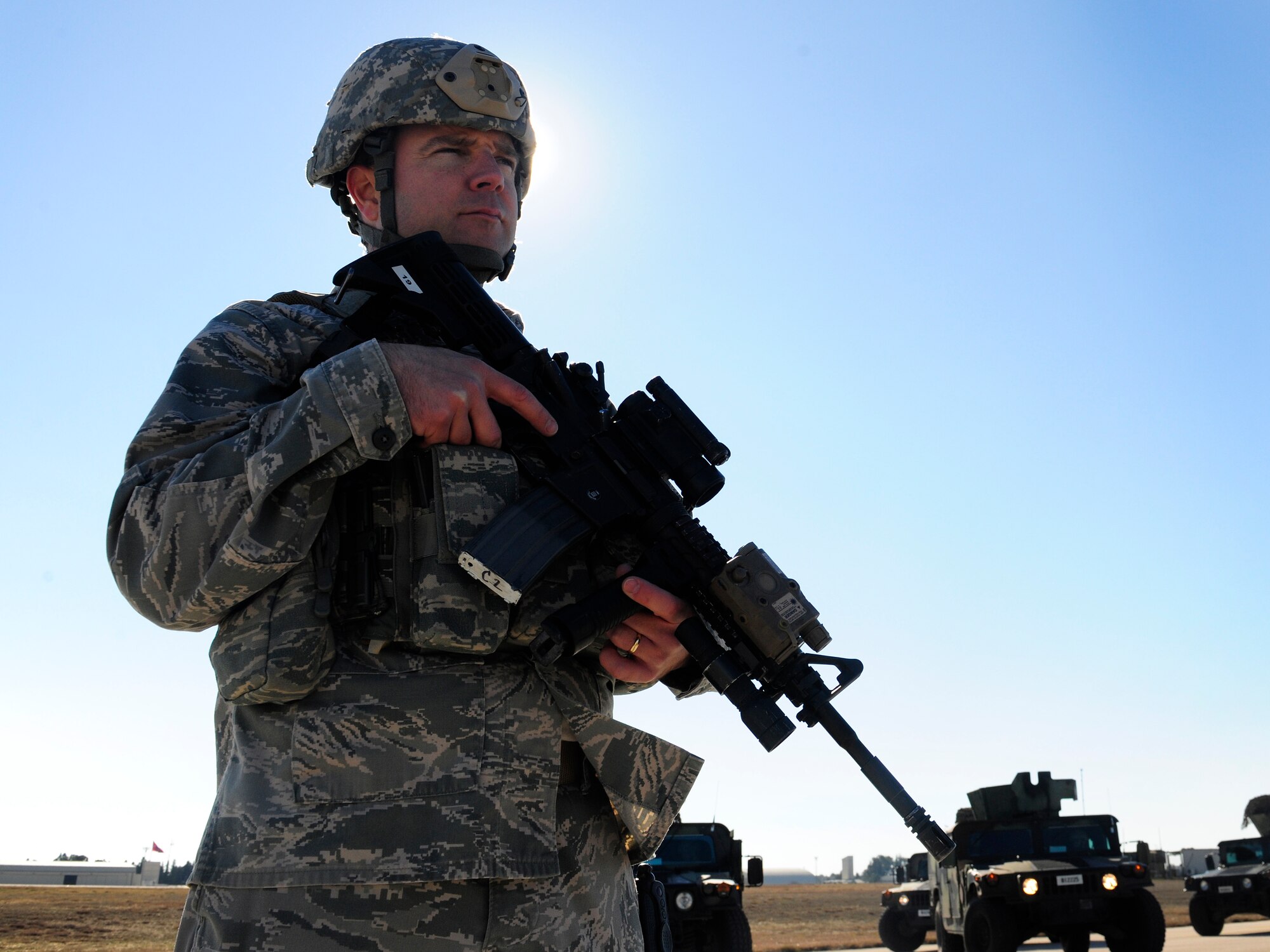 Master Sgt. Sam Peters, 39th Security Forces Squadron NCO in-charge of installation security, acts as an entry controller during a wing exercise Jan. 15, 2016, at Incirlik Air Base, Turkey. The exercise tested security forces ability to respond to insider threats and to practice convoy operations. (U.S. Air Force photo by Senior Airman Krystal Ardrey/Released)