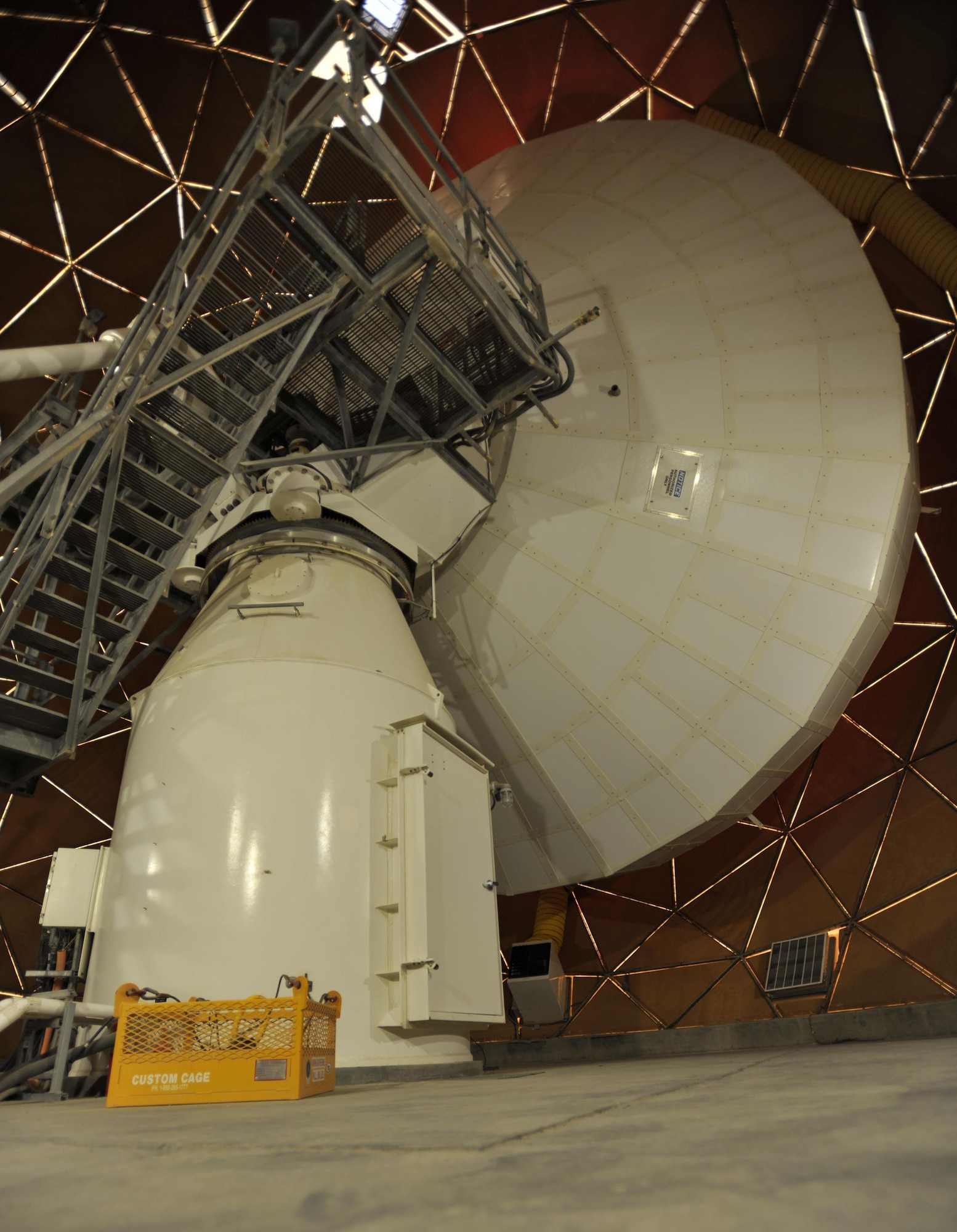 The Modernized Enterprise Terminal sits inside a Radome at AL Udeid Air Base, Qatar, Jan. 21, 2016. The 379th Expeditionary Communication Squadron recently completed an upgrade to their Army, Navy Ground Satellite Communications system which will enable better communications for warfighters. (U.S. Air Force photo by Master Sgt. Joshua Strang)