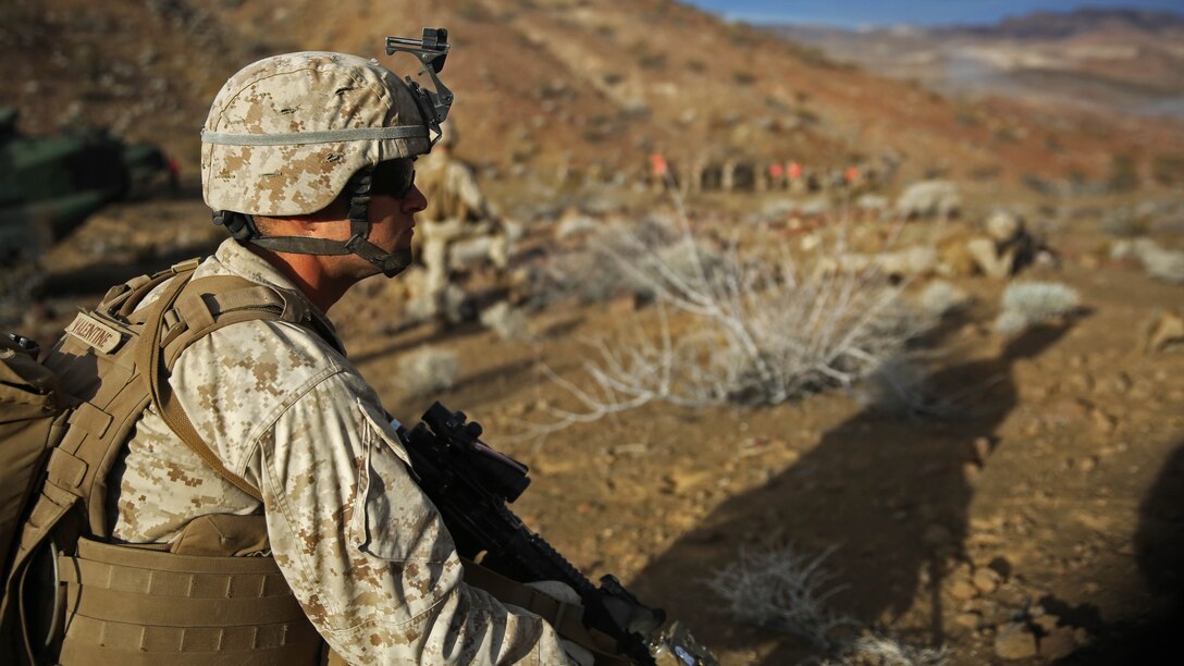 A Marine squad leader assigned to Company C, 1st Battalion, 1st Marine Regiment, 1st Marine Division, provides security during a company-level assault, as part of combined arms live-fire, Marine Rotational Force – Darwin exercise, aboard Marine Corps Air Ground Combat Training Center Twentynine Palms, California, Jan. 18, 2016. Infantry squad leaders holding the rank of corporal or sergeant  can apply now for the recently updated Squad Leader Development Program, and earn the new military occupational specialty of 0365 - Infantry Squad Leader if selected from the pool of applicants.