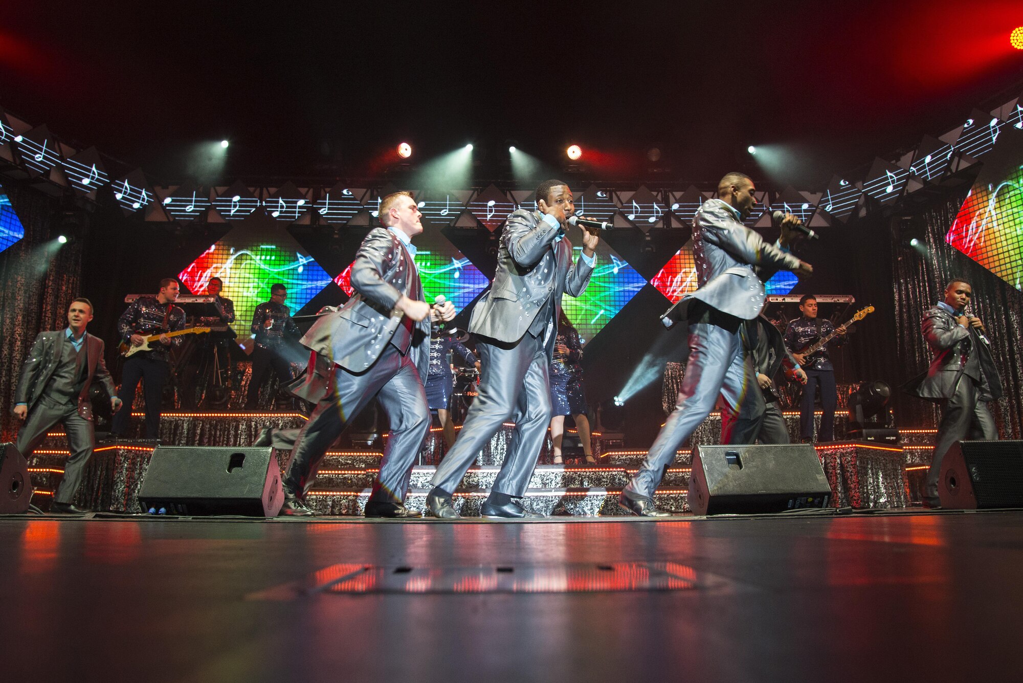 Members of Tops in Blue perform "Uptown Funk" by Mark Ronson during their concert Jan. 15, 2016, at Mascoutah High School, Ill. Tops in Blue has a distinctive history, spanning 63 years. Since its first tour in 1953, the group has also performed on film, produced albums and appeared on national TV with such legends as Ed Sullivan, Bob Hope, Alabama, Barbara Mandrel, Boyz II Men, Lee Greenwood and many others. (U.S. Air Force photo/Senior Airman Tristin English)