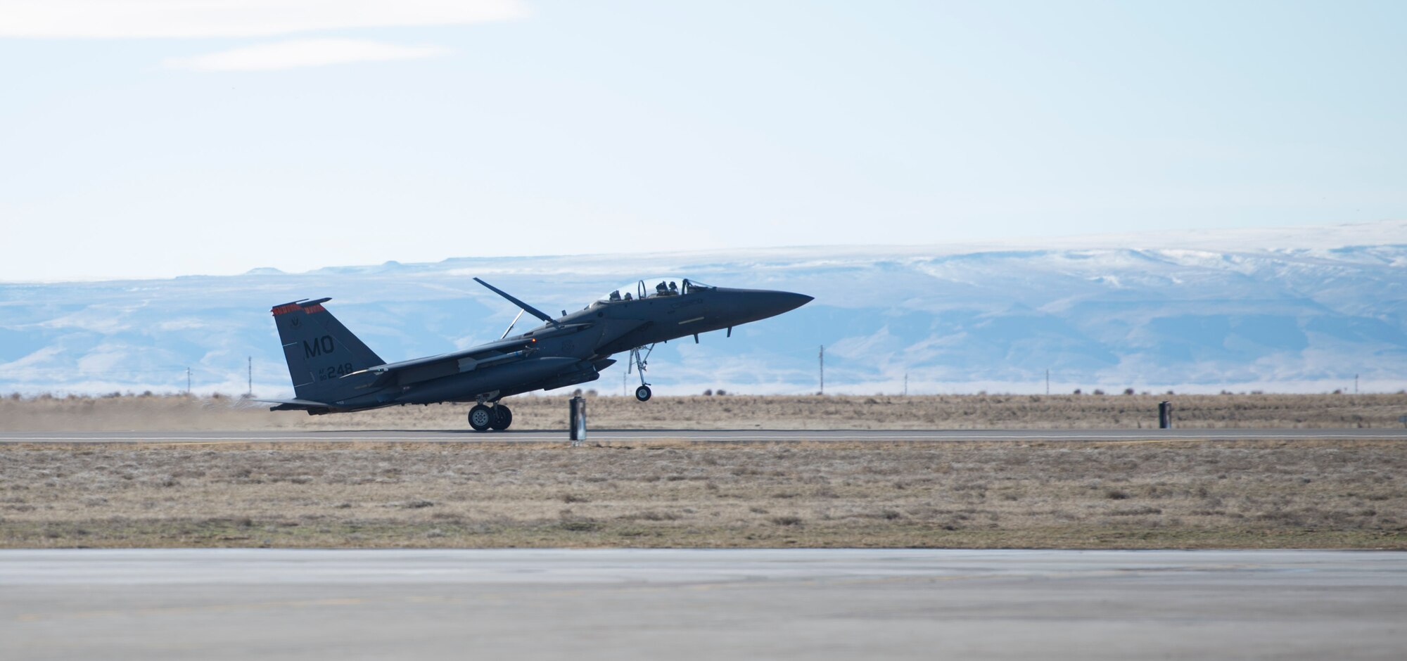 An F-15E Strike Eagle lands on the flightline at Mountain Home Air Force Base, Idaho, Jan. 20, 2016. The first F- 15 took flight in July 1972. Since then, many improvements have been made to the aircraft. (U.S. Air Force photo/Airman Chester Mientkiewicz)