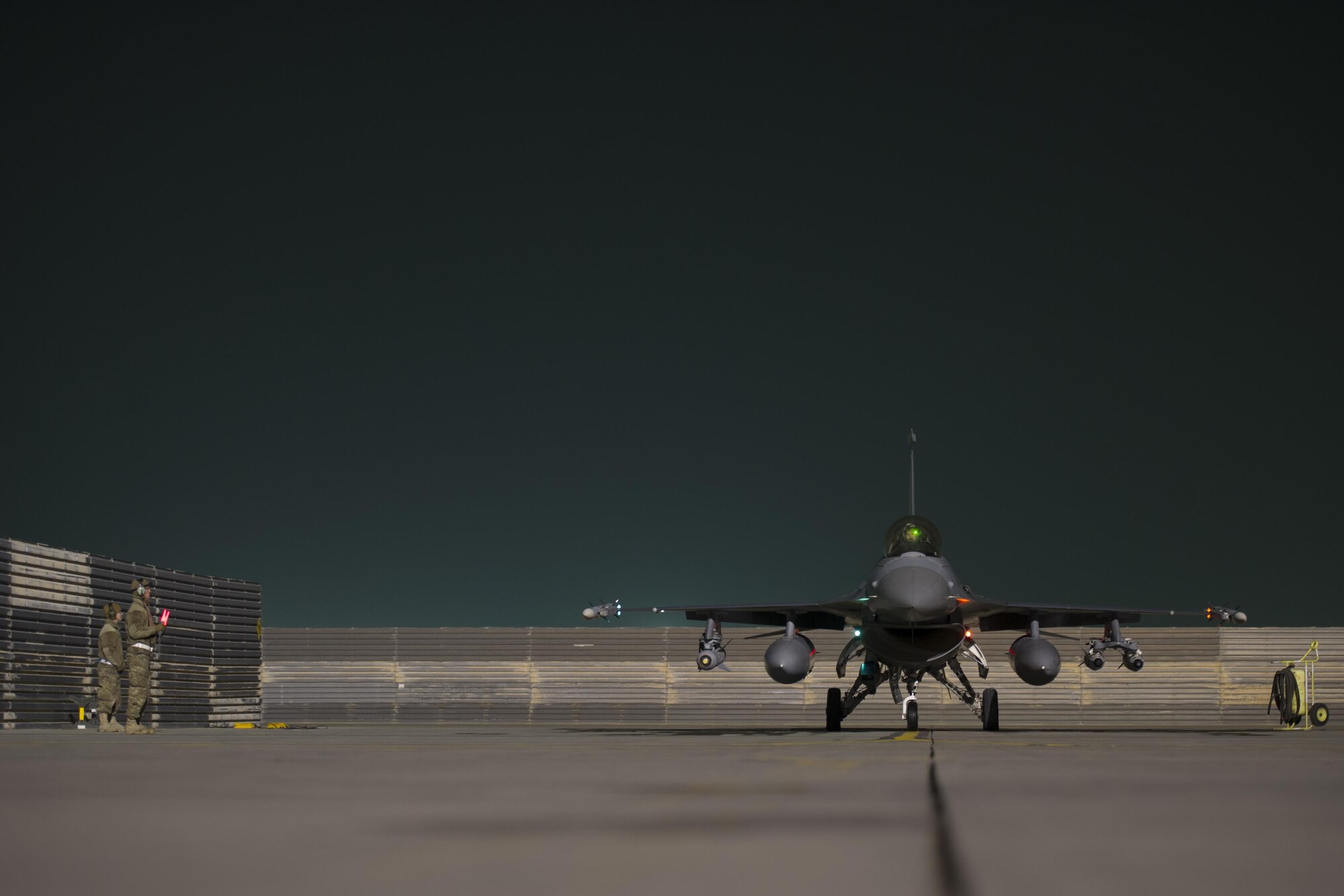 An F-16 Fighting Falcon from the 421st Expeditionary Fighter Squadron finishes final checks before departing on a sortie in support of ground operations in Helmand Province, Afghanistan, Jan. 6, 2016. The 421st EFS, based out of Bagram Airfield, Afghanistan, is the only dedicated fighter squadron in the country and continuously supports Operation Freedom’s Sentinel and the NATO Resolute Support missions. (U.S. Air Force photo/Tech. Sgt. Robert Cloys)