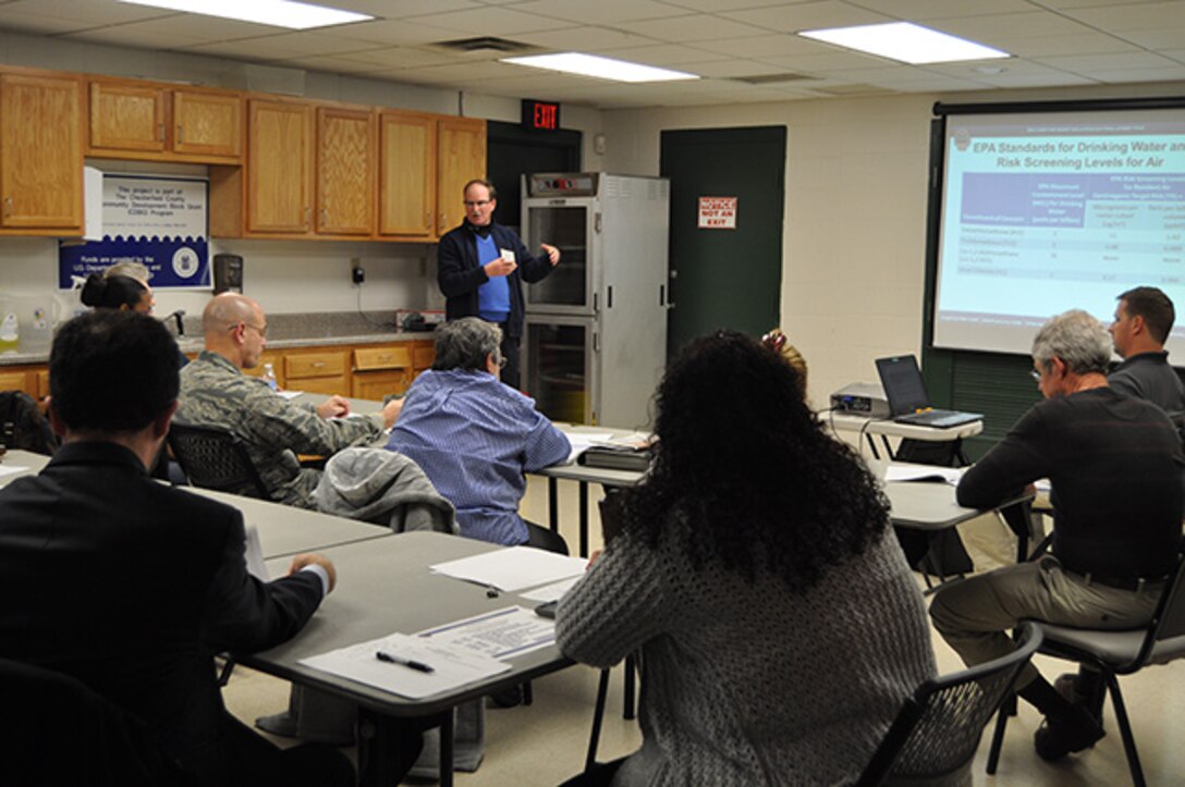 Defense Logistics Agency Installation Support at Richmond's environmental office conducts quarterly Restoration Advisory Board Jan. 11, 2016 at the Bensley Community Center in Chesterfield County providing program updates on groundwater testing results and remediation activities for operable units on center. Jim Spencer, AECOM contractor is shown providing technical briefing on Operable Unit (OU) 8.  Among those in attendance are DLA Aviation's Commander Air Force Brig. Gen. Allan Day, installation environmental personnel, community members, and representatives from the Environmental Protection Agency, Virginia Department Environmental Quality and the Virginia Department of Health, and DLA Aviation Public Affairs. (photo by Bonnie Koenig, public affairs specialist, DLA Aviation)