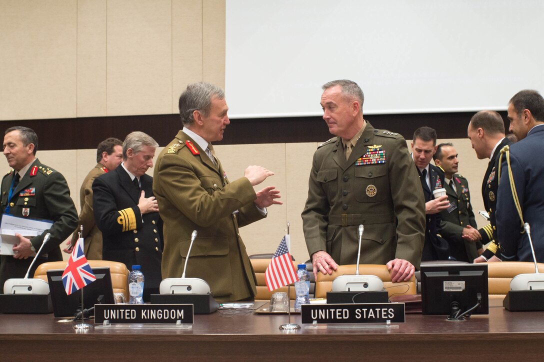 U.S. Marine Corps Gen. Joseph F. Dunford Jr., right, chairman of the Joint Chiefs of Staff, meets with counterparts at NATO headquarters in Brussels, Jan. 21, 2016. DoD photo by D. Myles Cullen