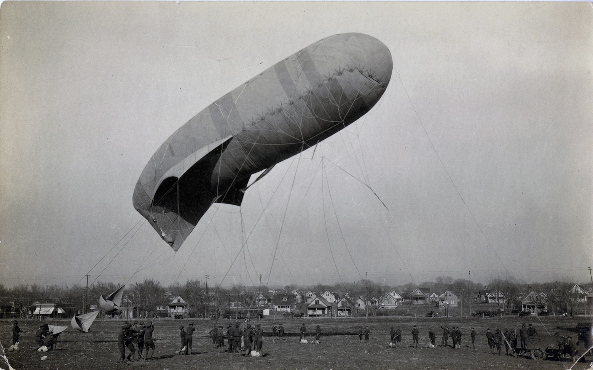 This collection of photos follows the 8th Balloon Company from training at Fort Omaha, Neb., to the Front. The 8th Balloon Company was one of 17 balloon companies to see combat in World War I. This photo shows the Kite Balloon just going up in Fort Omaha, Neb. (U.S. Air Force photo)