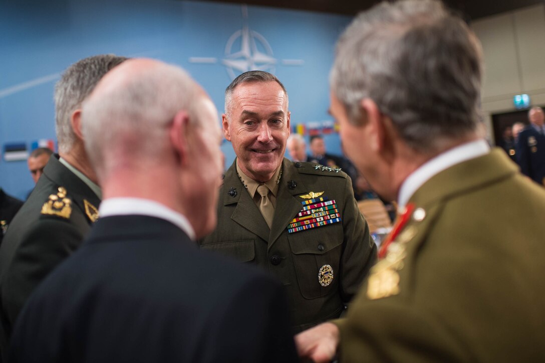 U.S. Marine Corps Gen. Joseph F. Dunford Jr., center, chairman of the Joint Chiefs of Staff, meets with counterparts at NATO headquarters in Brussels, Jan. 21, 2016. DoD photo by D. Myles Cullen