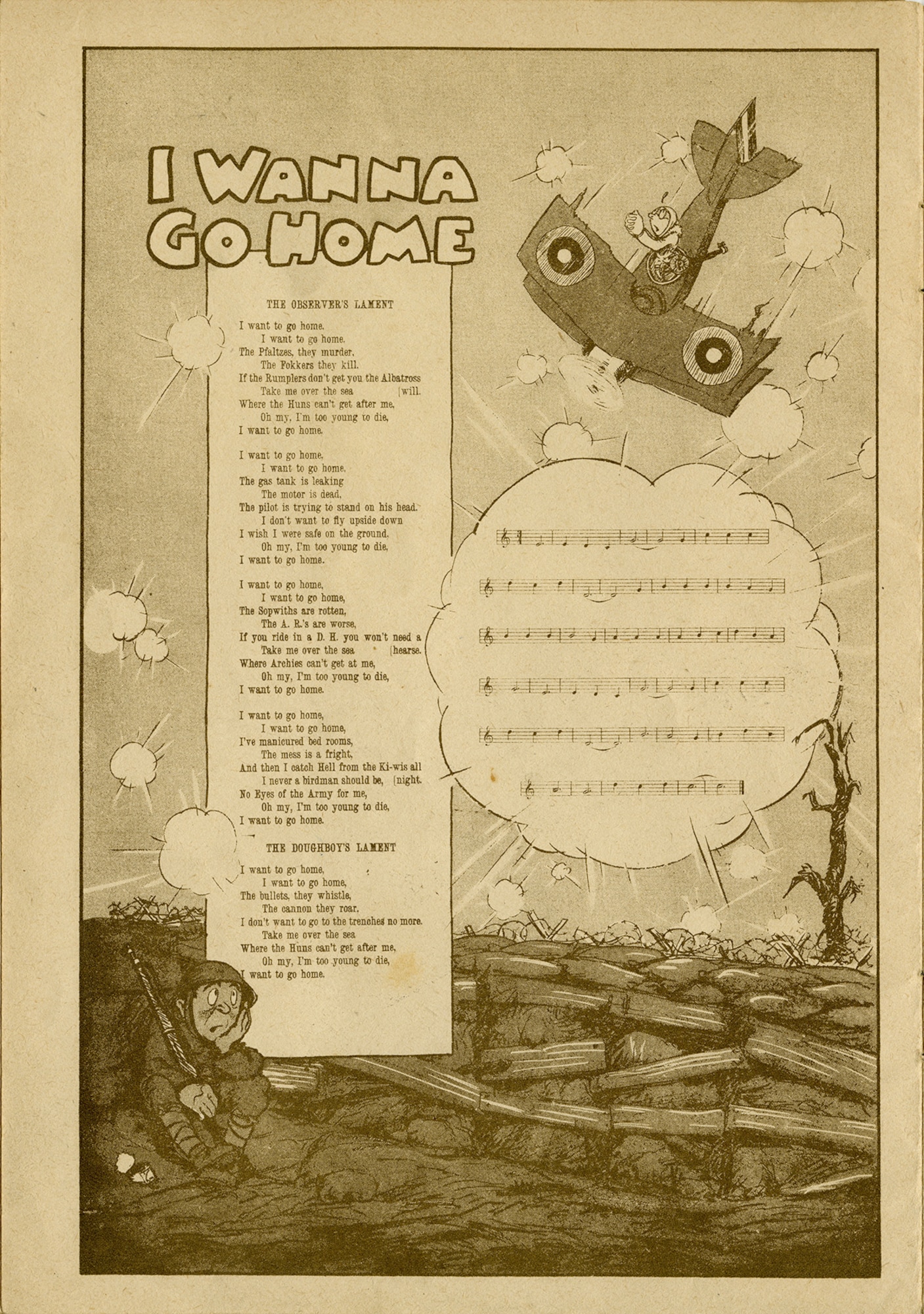 This short booklet, "Ye A.E.F Hymnal: A Collection of the Doughboy Lyrics that Smoothed the Road from Hoboken to the Rhine," contains 17 humorous songs collected from the Front. It was published in Nancy, France, in 1918-1919 by Berger-Levrault and originally sold for 3.75 francs. The booklet was purchased and returned home by Lt. James A. Royer of the 9th Aero Squadron. Here are the lyrics for the song "I Wanna Go Home." (U.S. Air Force photo) 